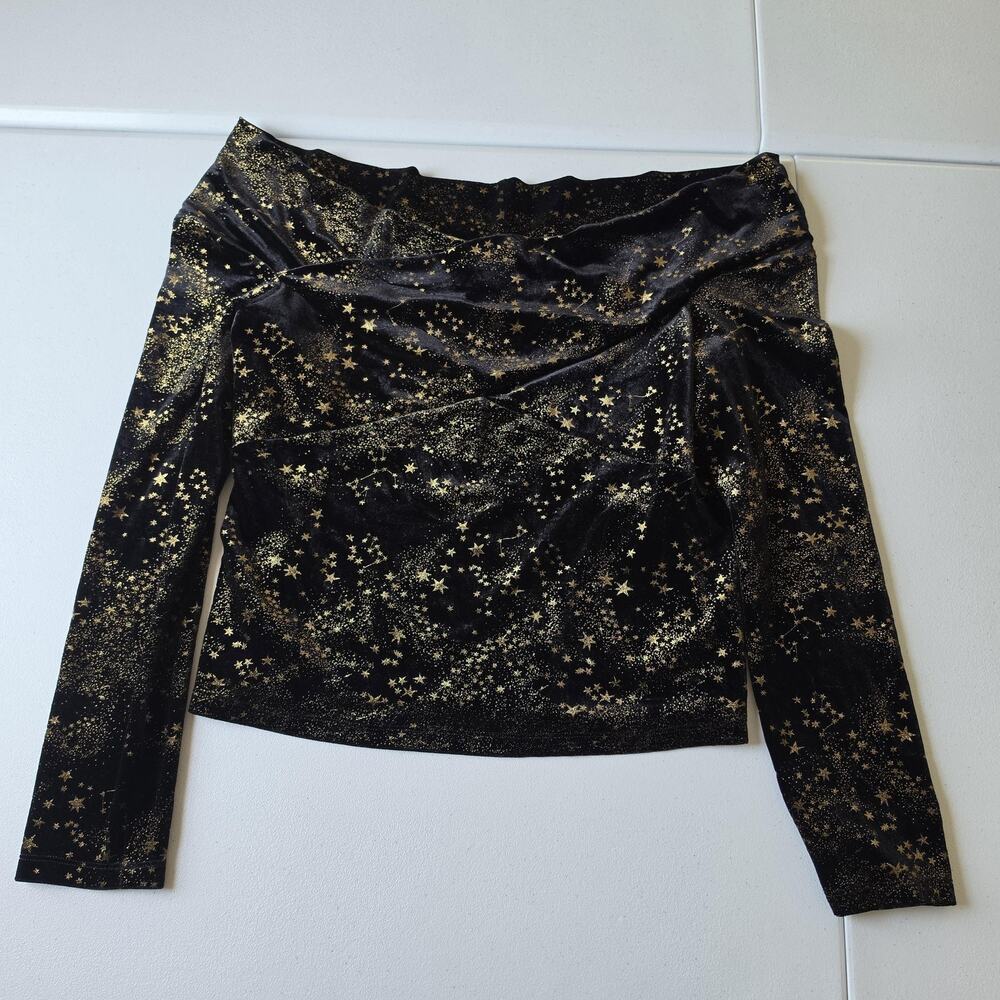 AllSaints Blouse Womens 12 Black Velvet Off Shoulder Star Celestial Party Top